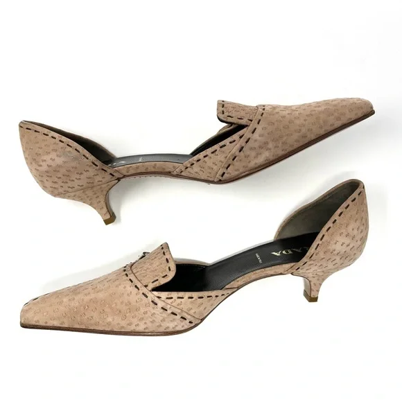 Vintage Prada 90s Y2K Ostrich Tan Brown Buckle Kitten Heels Pumps Shoes 37.5 7.5
